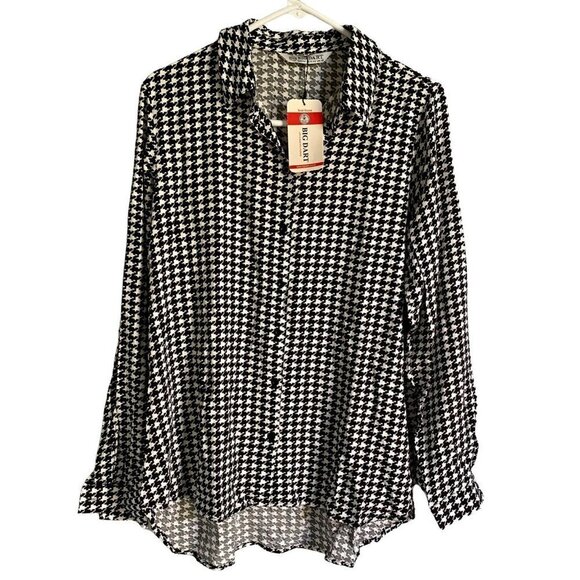Big Dart Black White Button Down Long Sleeve Women's Blouse Top Large NEW NWT - Picture 1 of 9